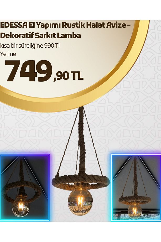 EDESSA El Yapımı Rustik Halat Avize – Dekoratif Sarkıt Lamba (Edison Ampul Dahil) - 1