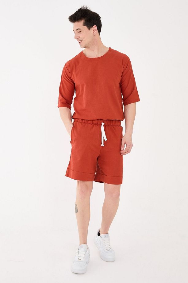%100 Pamuk Şile Bezi Relaxed Fit Unisex Kısa Şort Kiremit - 9