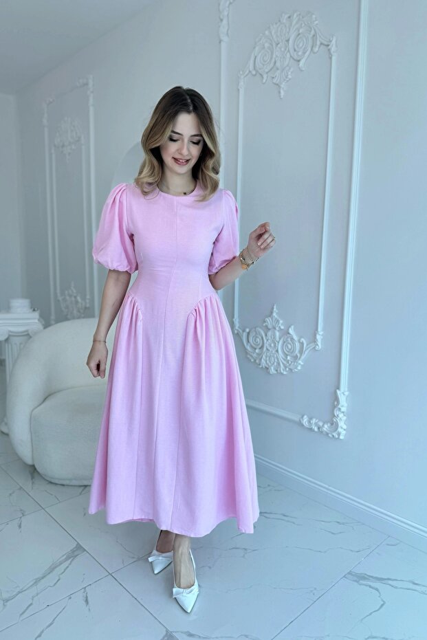 Back Tie Skirt Gathered Sides Linen Pink Dress