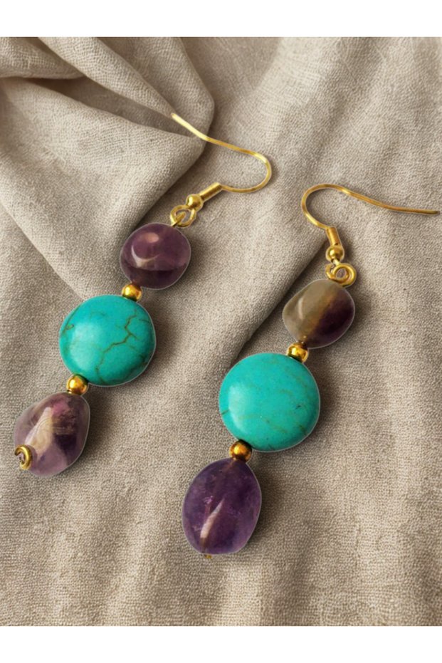 Women's Dangle Earrings -Amethyst and Turquoise Dangle Natural Stone Women's Earrings-15102023