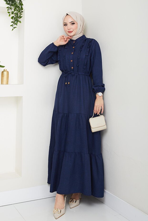 Women's Ruffle Detail Buttoned Navy Linen Dress