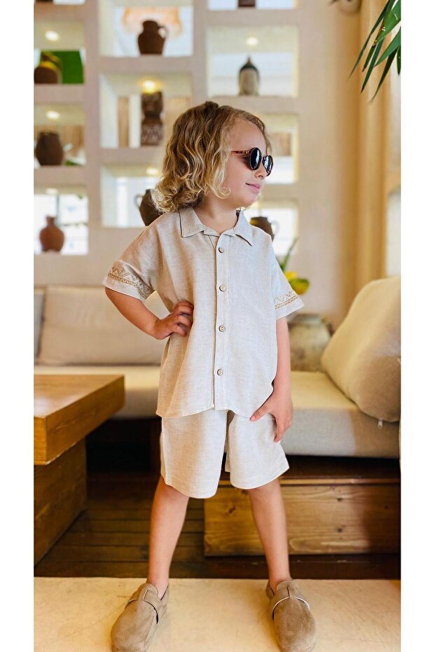 Embroidered Sleeves Shirt Shorts Linen Set 2-7 Years Natural