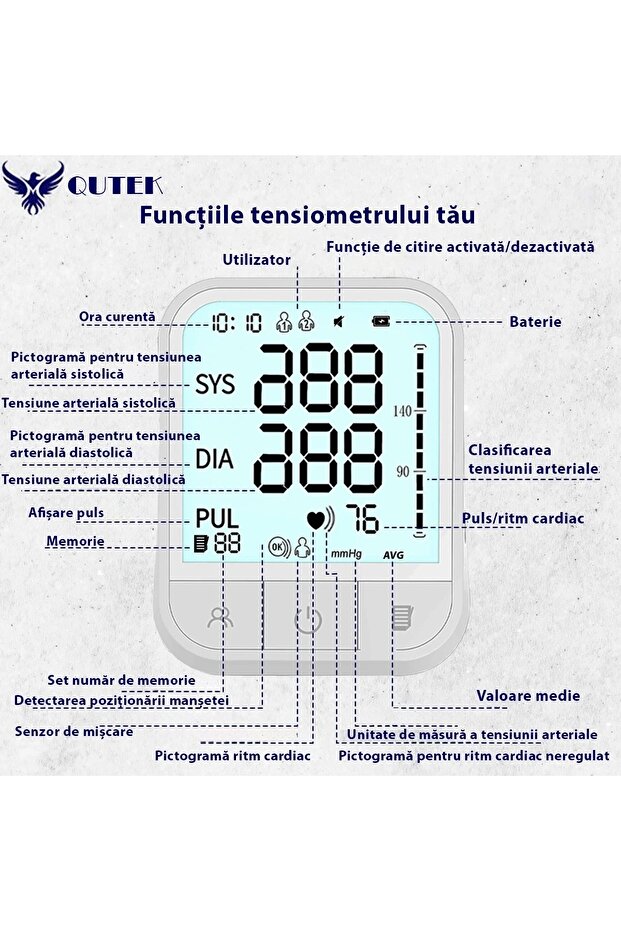 QUTEK™ Upper Arm Blood Pressure Monitor, LCD Display, Self-Measurement, Clinically Validated, Cuff 22-45cm - 6