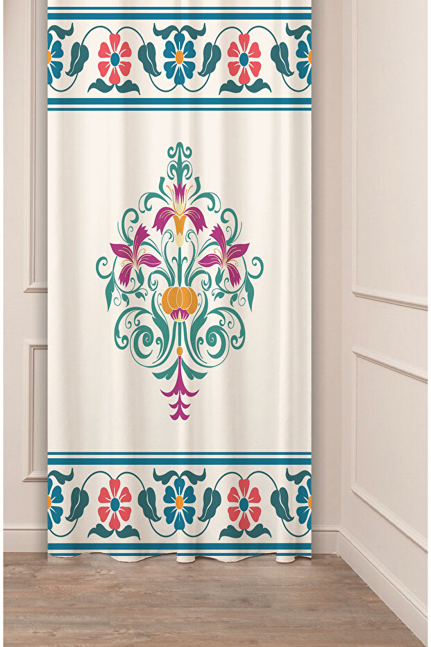 Ethnic Anatolian Motif Flower Pastel Bohemian Special Design Digital Printed (Single Wing) Beige Cream Background Curtain