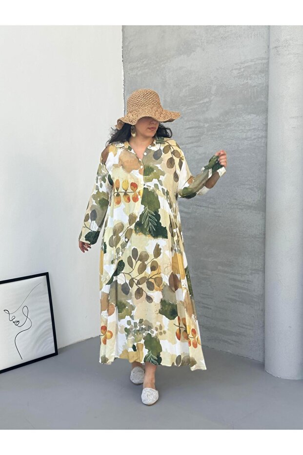 فستان مرقع بنمط أوراق الشجر باللون الأخضر - 1