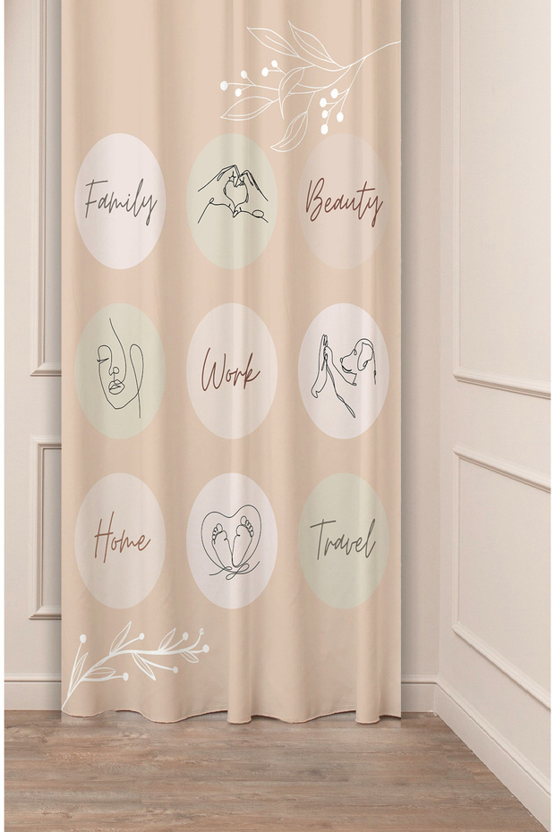 Minimalist Soft Plain Pastel Leaf Bohemian Special Design Digital Printed (Single Wing) Beige Cream Background Curtain