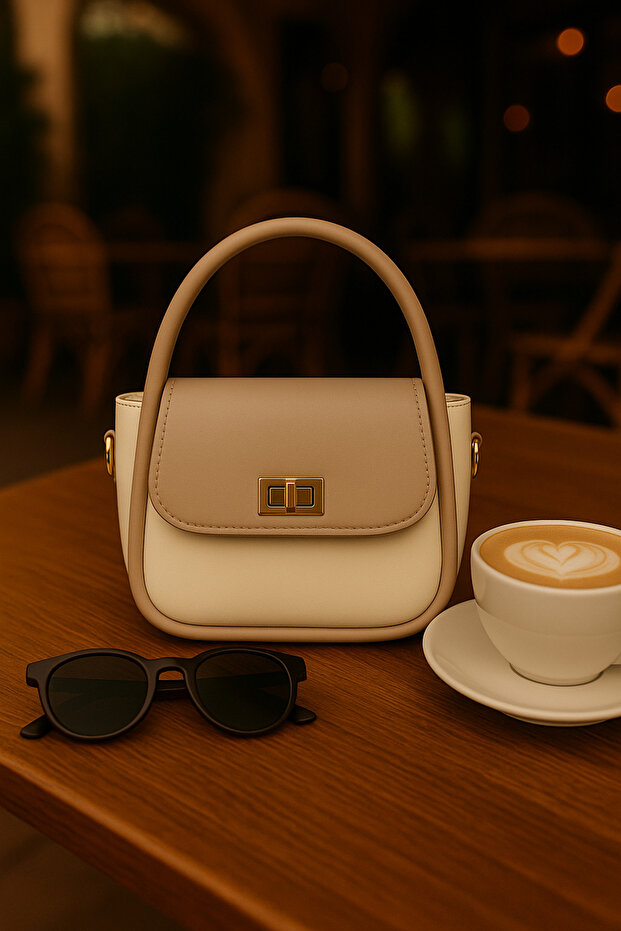Women's Gold Lock Detailed Adjustable Strap Cream Mink Hand Shoulder and Crossbody Bag Mona