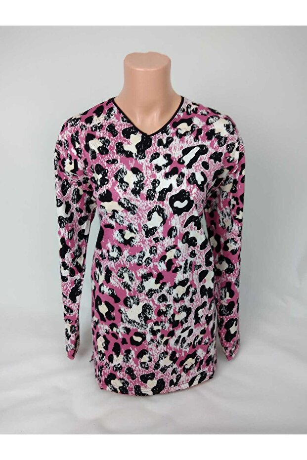 Women's Black Pink U Neck Long Sleeve Patterned Slit Woven Viscose Mother Combed Cotton T-Shirt