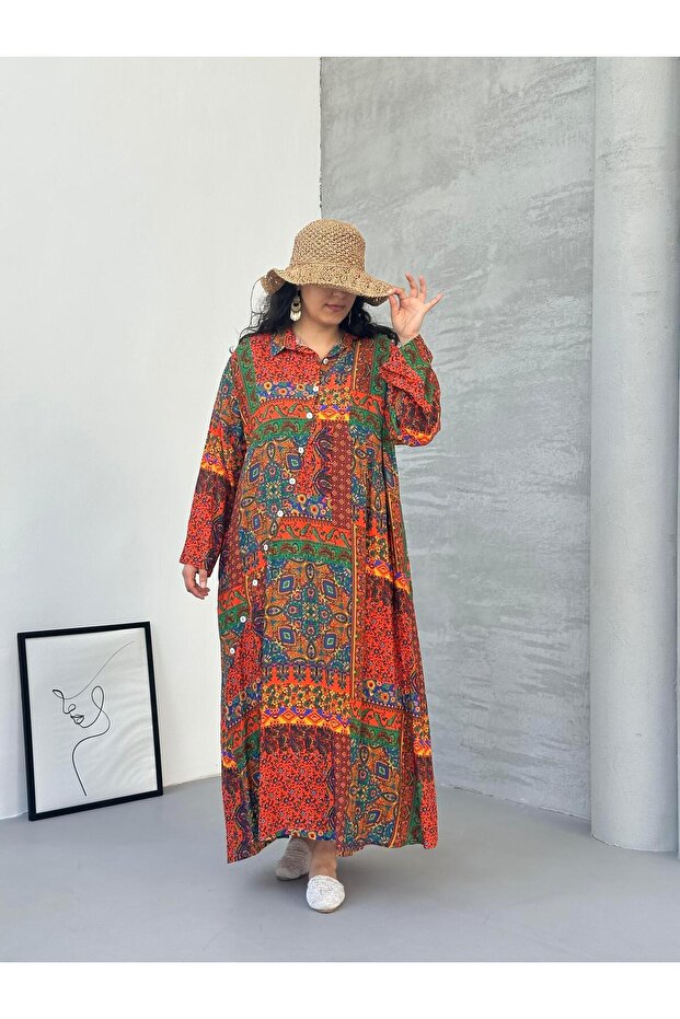 فستان طويل منقوش باتشورك برتقالي - 2