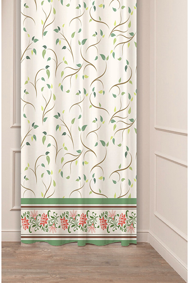 Ethnic Anatolian Motif Flower Pastel Bohemian Special Design Digital Printed (Single Wing) Beige Cream Background Curtain