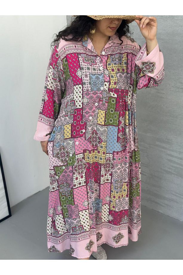 Patchwork Desenli Maksi Elbise Pembe - 2