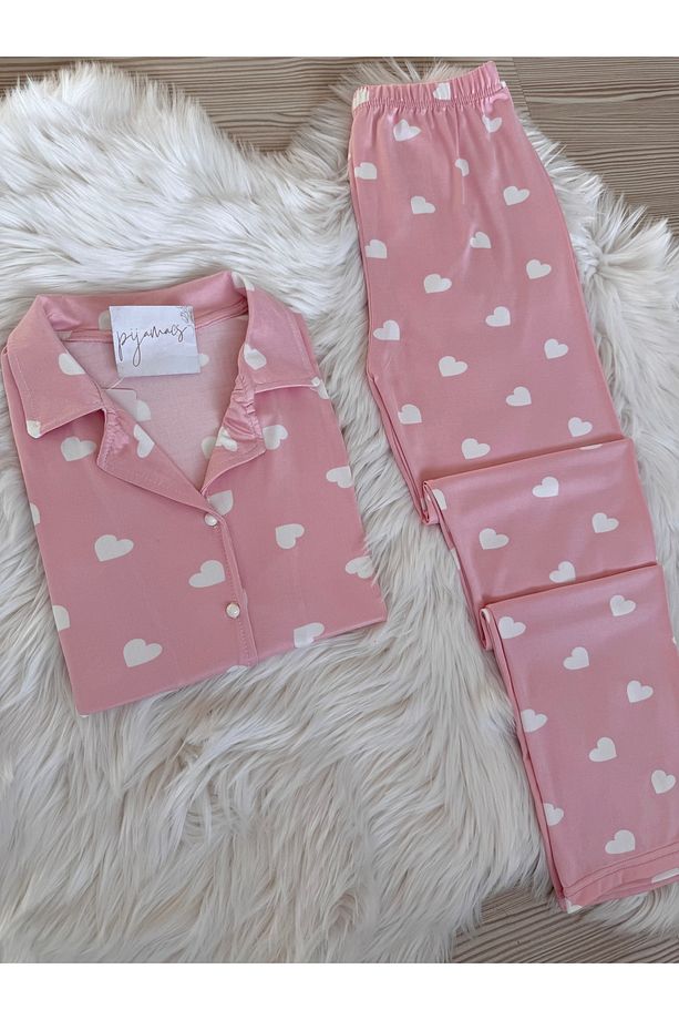 Pembe Kalp Desenli Kısa Kol Milan Pijama Takımı - 2