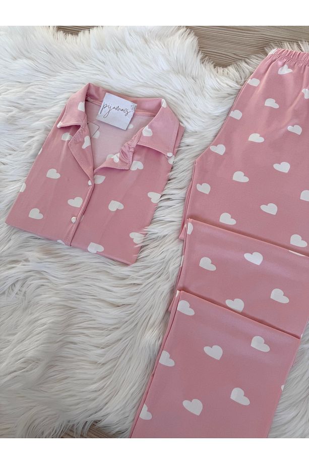 Pembe Kalp Desenli Kısa Kol Milan Pijama Takımı - 5