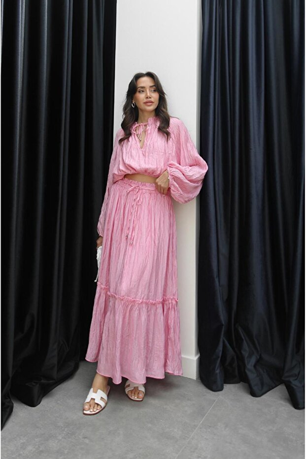 Pink Crashed Blouse Skirt Set