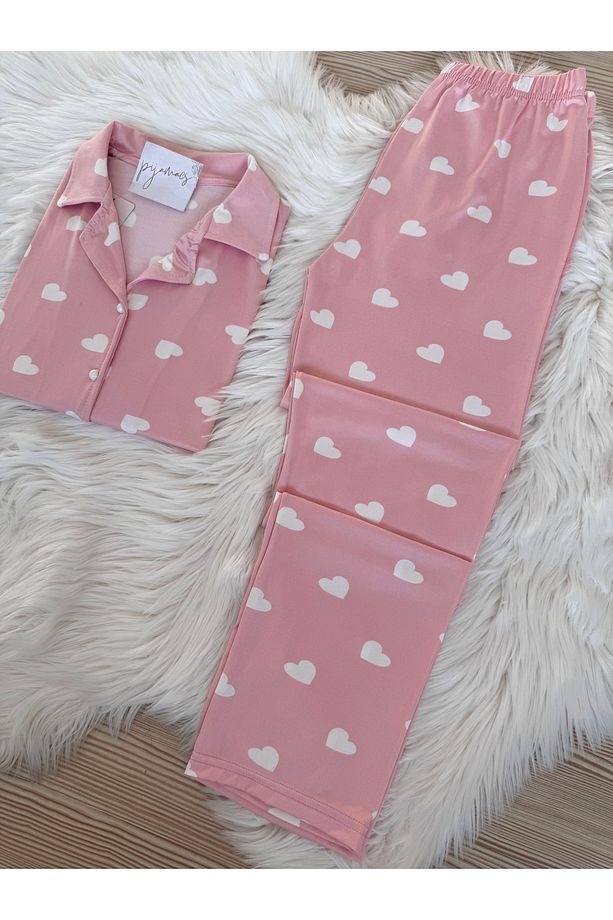 Pembe Kalp Desenli Kısa Kol Milan Pijama Takımı - 4