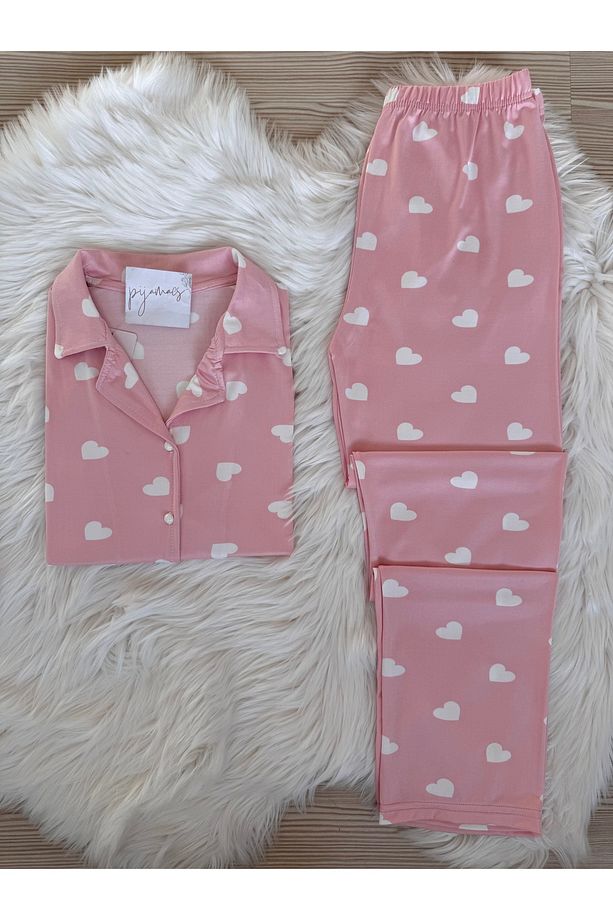 Pembe Kalp Desenli Kısa Kol Milan Pijama Takımı - 1
