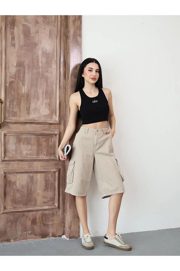 Bej Bermuda Baggy Cargo Kadın Jean Şort - 1
