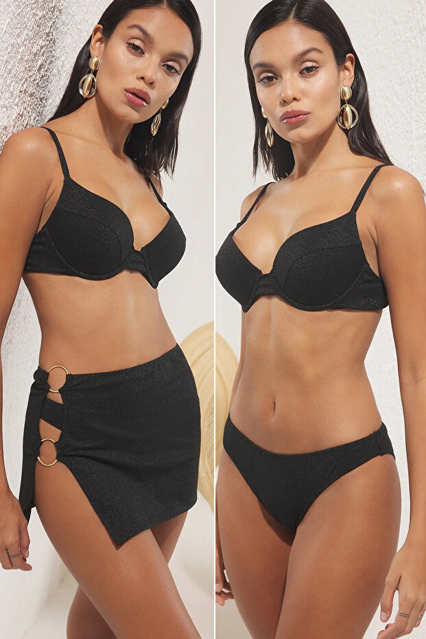 Siyah Etekli Balconette Kaplı Regular Normal Bel Bikini Takımı TBESS25BT00190 - 1