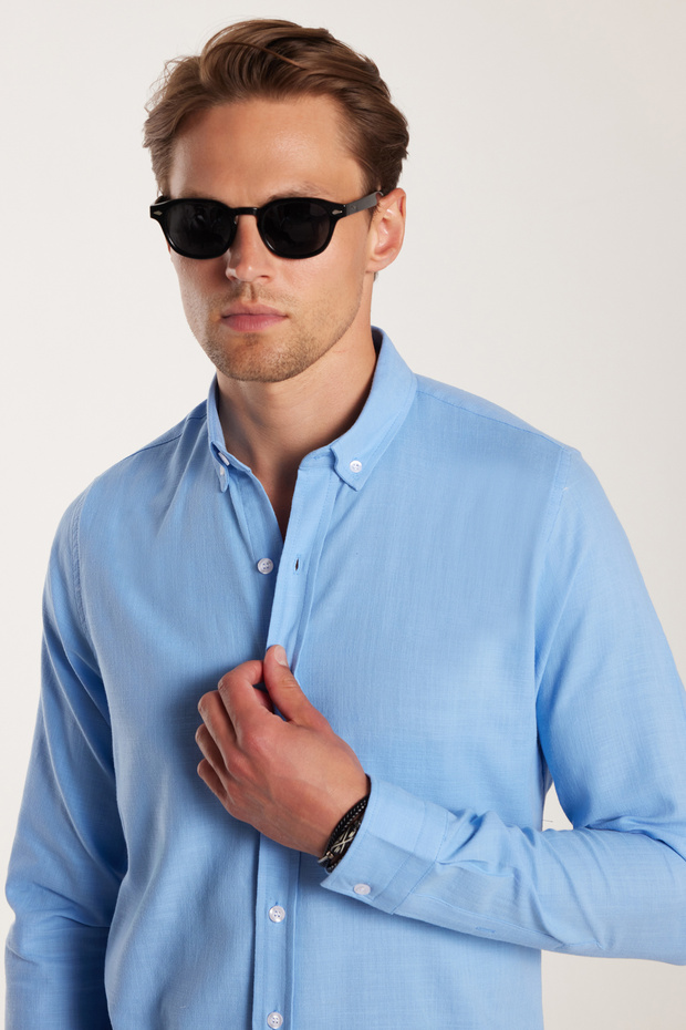 Men's Slim Fit Slim Fit Long Sleeve 100% Cotton Linen Texture Buttoned Lapel Blue Shirt
