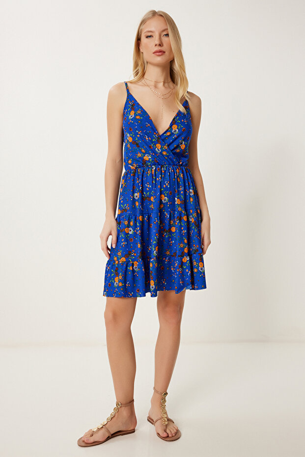 Women's Cobalt Blue Patterned Strap Stretchy Mini Knitted Dress Mc00299