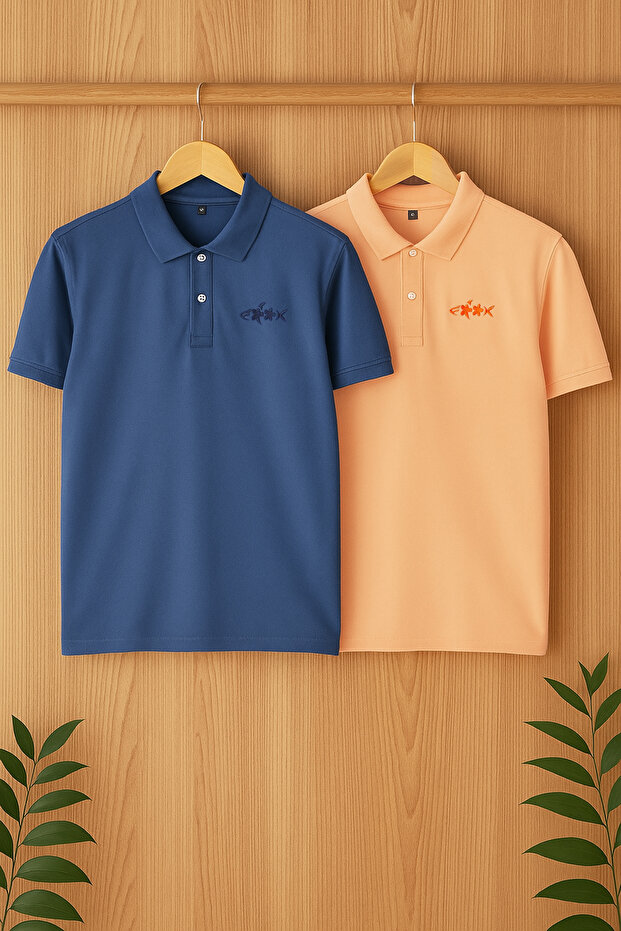 Indigo-Pembe 2'li Paket Regular/Normal Kesim Nakışlı Polo Yaka T-shirt TMNSS25PO00022 - 1