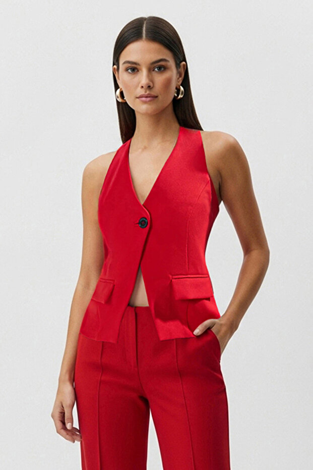 Kırmızı Regular Regular Halter Yaka Tek Düğmeli Yelek TWOSS25YE00087 - 3