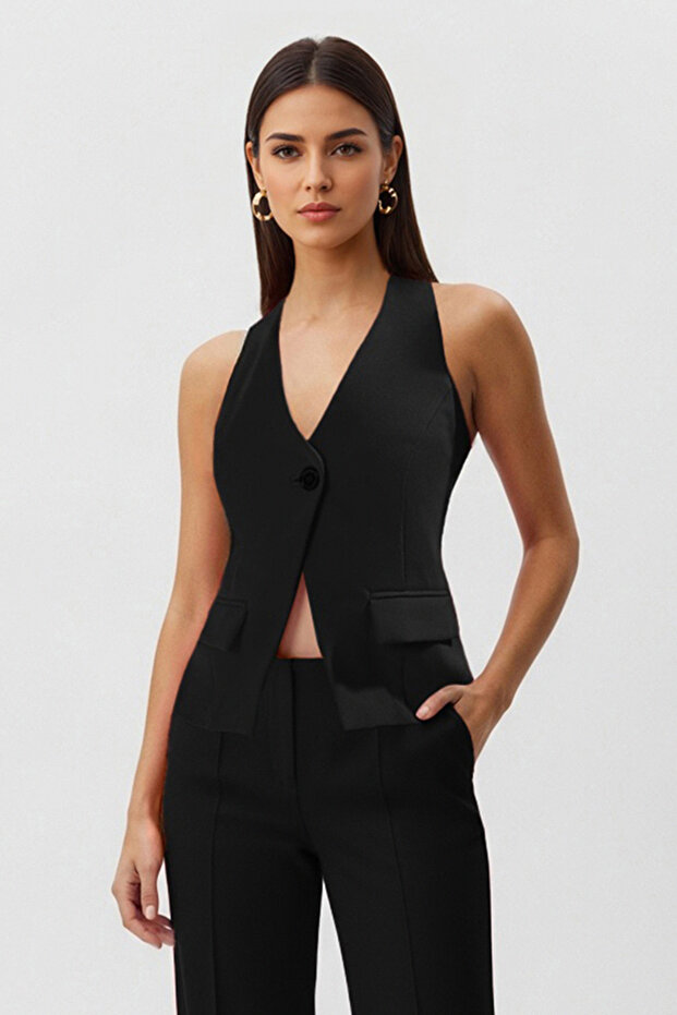 Siyah Regular Halter Yaka Tek Düğmeli Yelek TWOSS25YE00087 - 3