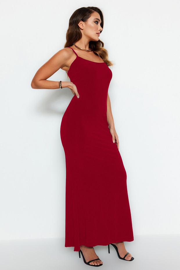 Kırmızı Maxi Bodycone/Vücuda Oturan Askılı Esnek Örme Elbise TWOSS23EL02435 - 6
