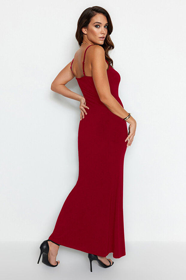 Kırmızı Maxi Bodycone/Vücuda Oturan Askılı Esnek Örme Elbise TWOSS23EL02435 - 7