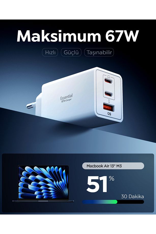 67W USB-C + USB-A 3 Port Hızlı Şarj Aleti Samsung PPS 2.0 GaN Pro Destekli Type-C White - ACH08710 - 6