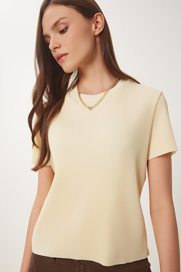 Kadın Sarı Basic Fitilli Örme Bluz HF00468 - 3