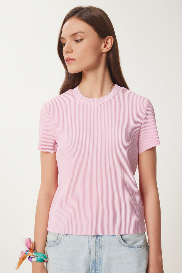 Kadın Pembe Basic Fitilli Örme Bluz HF00468 - 4