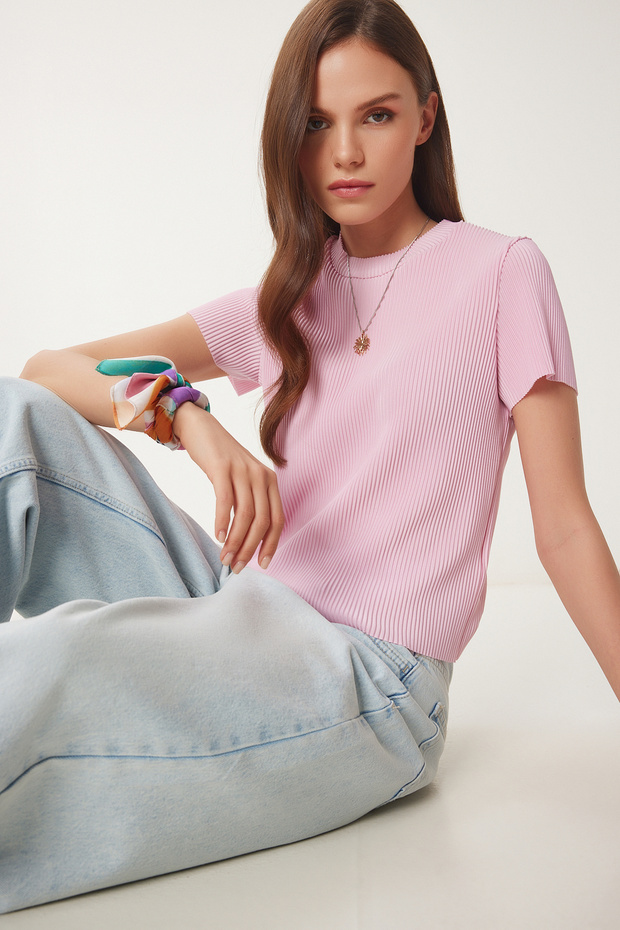 Kadın Pembe Basic Fitilli Örme Bluz HF00468 - 1