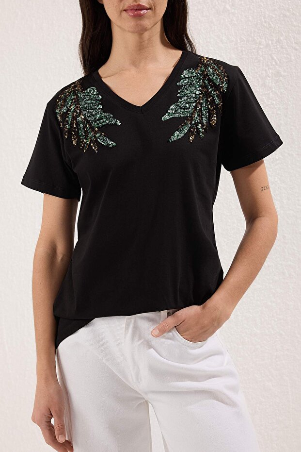 Siyah*001 %100 Pamuk Pul Payetli  Regular Örme T-Shirt TEDSS25TS00000 - 1