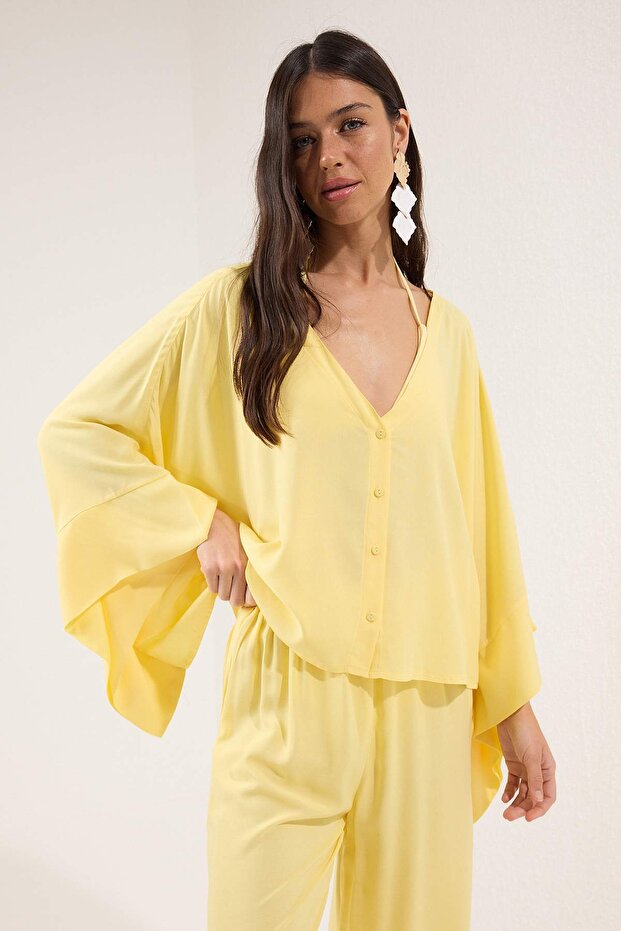 Žlutý tkaný plážový top-souprava kalhot TBESS25AU00003 - 2