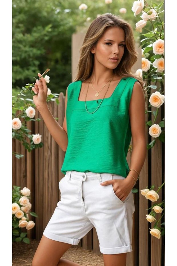 Women's Square Collar Thick Strap Sleeveless Linen Short Sleeve Summer Casual Shirt Blouse 2911275