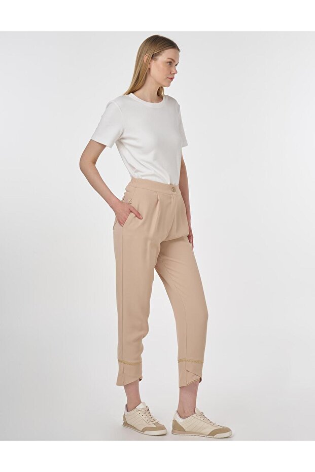 Dikiş Detaylı Krep Pantolon Bej - 1