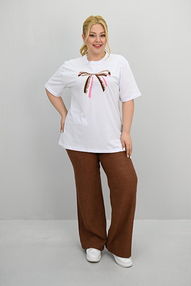Women's Plus Size Ribbon Detailed Sequin Embroidered Tracksuit Set 8200-25
