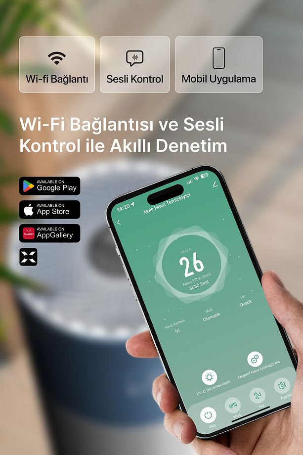 Akıllı Hava Temizleyici 70 M2 Wi-fi Mobil App Air Purifier Cadr 550m³ Karbon Hepa Filtre X7420 Mavi - 9