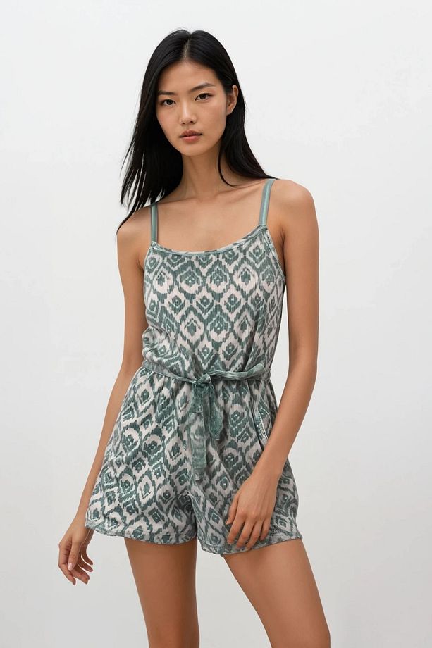 Kadın Yeşil Geometrik Desenli Yumuşak Dokulu Tek Pijama Tulum - 1