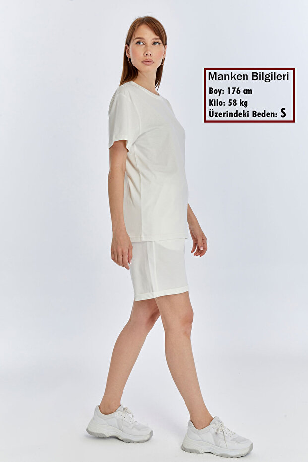 Women's 2-Piece White T-Shirt & Double Leg Shorts Set, Combed Cotton, Lycra Fabric Regular Fit