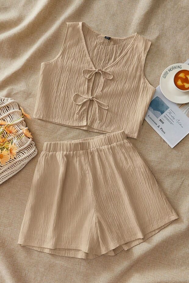 Women's Beige Ribbed Shorts Tie-Up Suit
