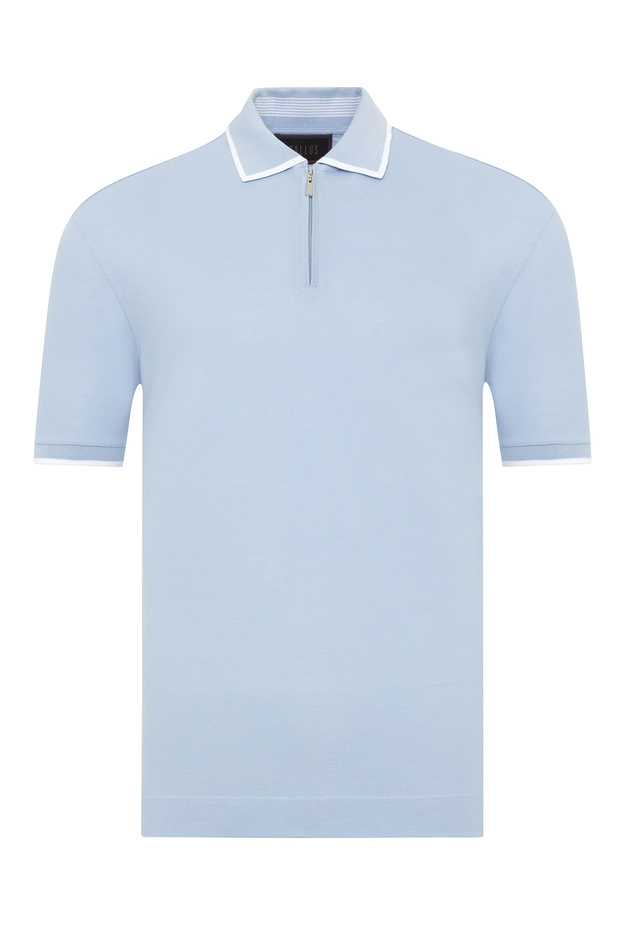 Blue Zippered Polo Neck Pique Mercerized Regular Fit T-Shirt
