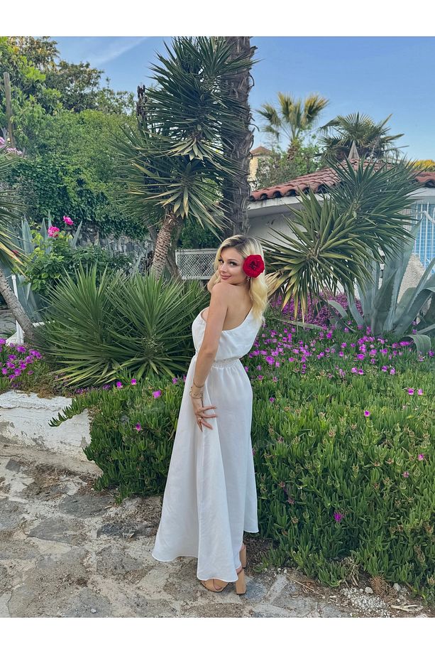 Beli Lastikli Tek Omuz Midi Elbise - 3