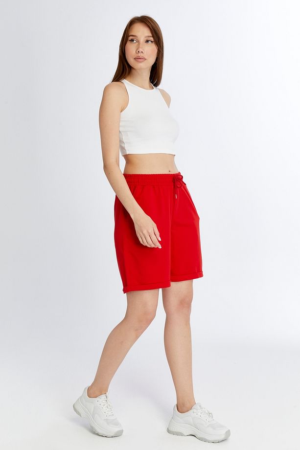Kadın Kırmızı Duble Paça Oversize Rahat Kalıp Şort - 3