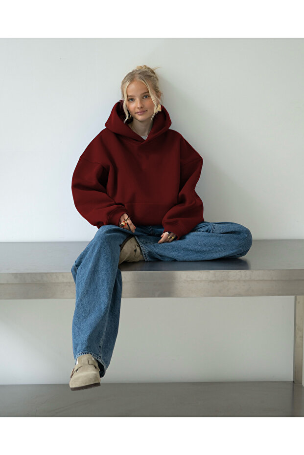 Oversize Kapşonlu Basic Baskısız Okul Sweatshirt - 2