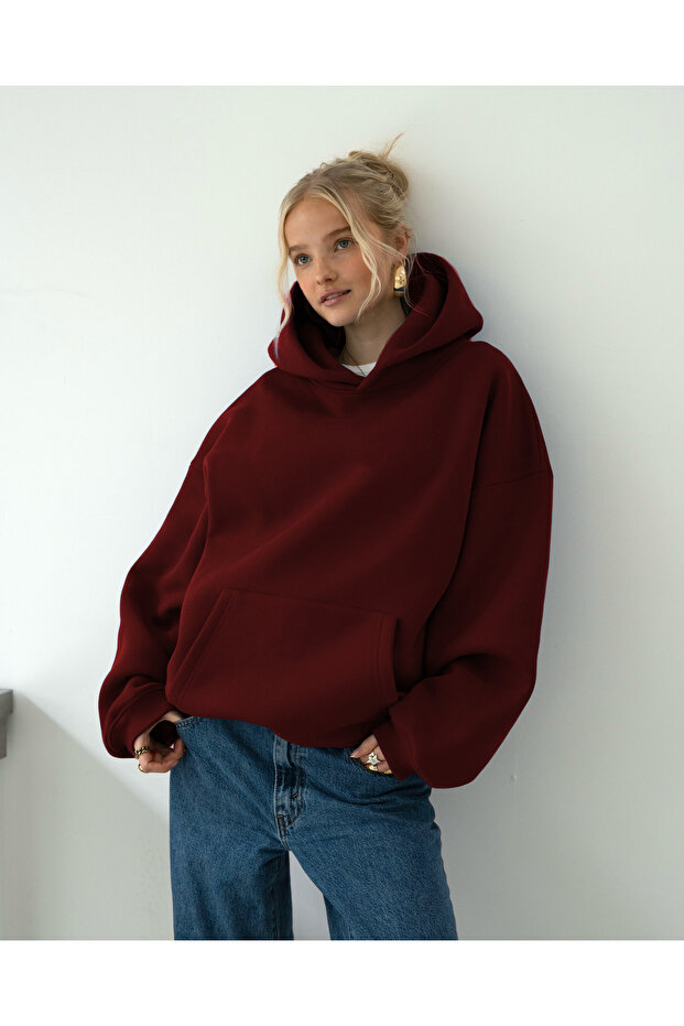 Oversize Kapşonlu Basic Baskısız Okul Sweatshirt - 1