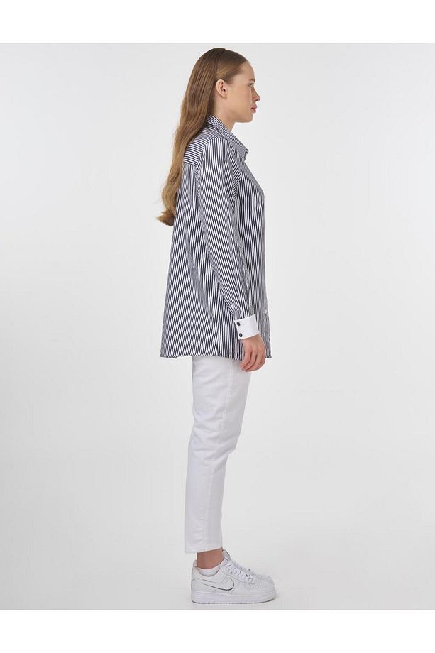 Pamuk Karışımlı Çizgi Desen Basic Tunik Lacivert - 6