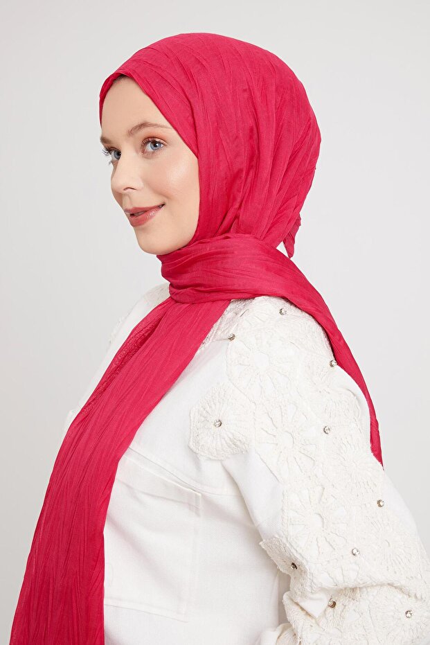 Fuşya Pliseli Pamuklu Şal - 4