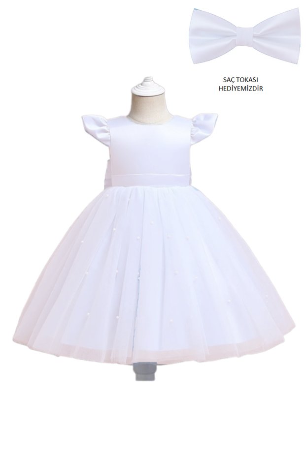 Girl's White Buckle Gift Skirt and Pearl Dress